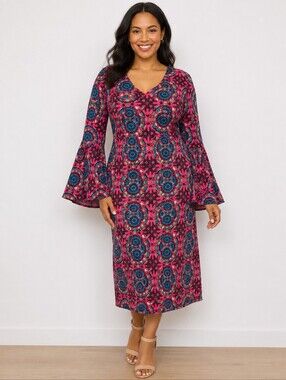 Ashro 100% Cotton Pink Blue Geometric Midi Dress Bell Sleeve Size 12